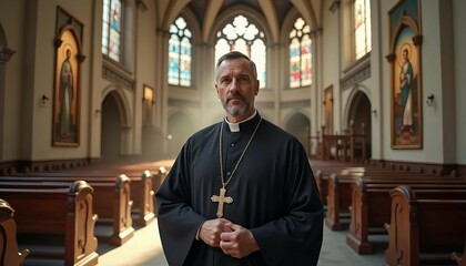 Naklejka premium A priest in traditional attire stands in a historic church, softly lit, with blurred architectural details.