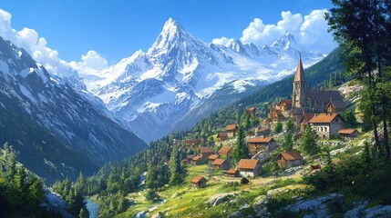 Peaceful mountain village nestled in a valley, surrounded by snow-capped peaks and green forests, under a clear blue sky.