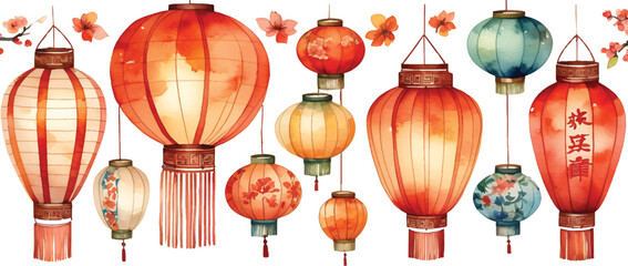 Seamless Chinese Lantern Watercolor Pattern – Traditional Oriental Background for Textile, Wrapping Paper, and Poster Design