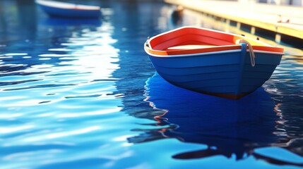 A blue and red rowboat floats on calm blue water, reflecting the sunlight.  A wooden dock and another boat are visible in the background.