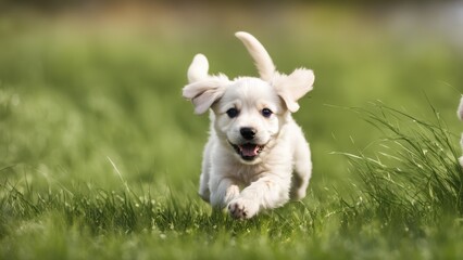 puppy running on green grass