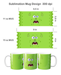 Funny Green Monster Face. Sublimation template for 11 oz and 15 oz coffee mug.