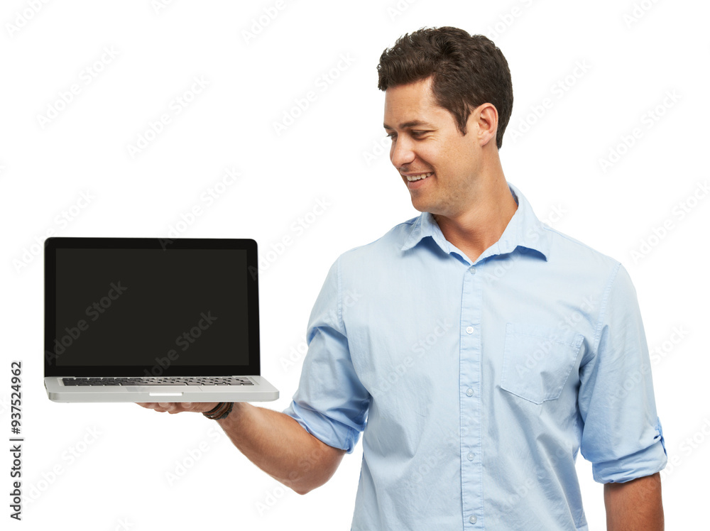 Poster Man, laptop screen and smile in studio with mockup space, thinking and check ui by white background. Person, employee and computer with blank display, happy and networking for job at creative agency