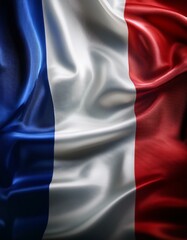 Obraz premium A crisp, highly detailed French flag, with each blue, white, and red stripe showing realistic fabric texture and lighting,
