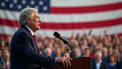 An American senator speaks passionately at a podium, a blurred crowd and flag emphasizing their determination.	
