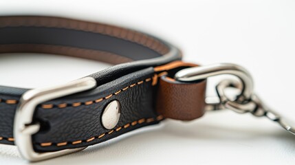 Obraz premium Black and brown leather dog collar with silver buckle on white background