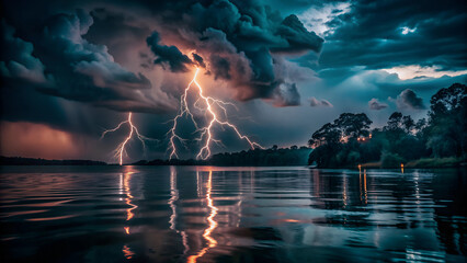 Obraz premium Eternal Lightning in Catatumbo, continuous flashes of lightning illuminate the night sky above the river, Ai generated Images