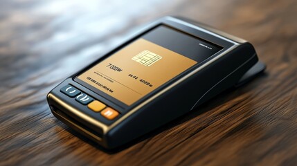 A modern black and gold credit card reader on a wooden table.