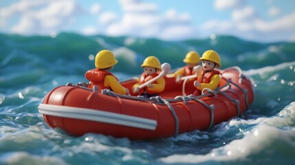 A small life raft with four people aboard navigates through choppy water.  Photo depicts teamwork and survival.