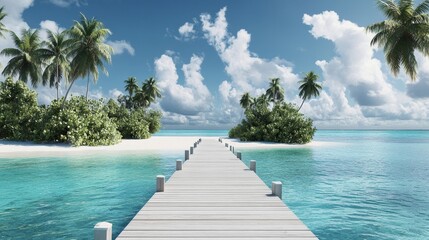 A wooden pier leading to a tropical island paradise with lush palm trees and turquoise water.