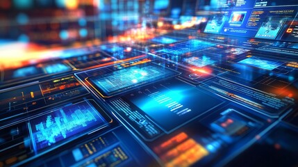 Obraz premium Abstract digital interface with glowing screens and data visualizations.