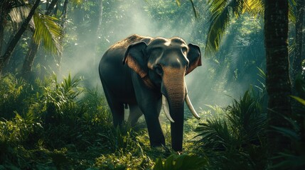 Fototapeta premium Sri Lankan elephant wandering through a lush jungle, representing the country's cultural heritage and natural beauty.