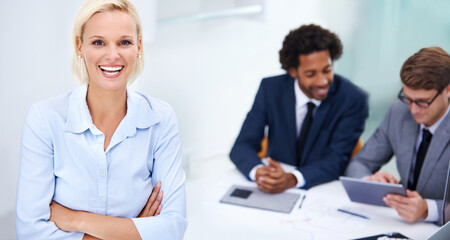 Woman, arms crossed portrait and trader in office, investment broker and leader of team planning. Finance, project and tech for stock market trading in workplace, coworking and manager for accounting