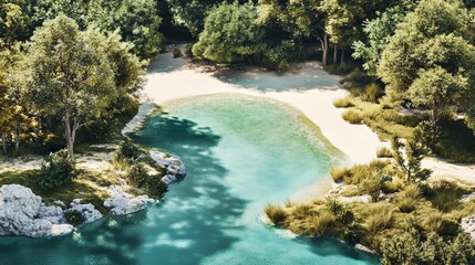 Obraz premium Aerial view of a secluded beach with turquoise water, surrounded by lush green trees.