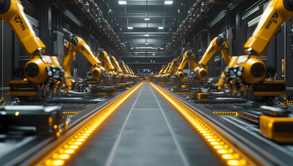 Fototapeta premium A futuristic factory showcasing robotic arms and advanced machinery.