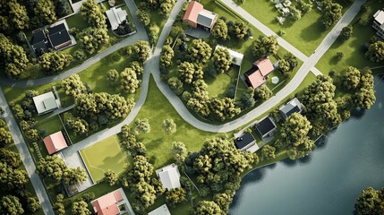 Aerial view of a suburban neighborhood with houses, trees, and a lake.