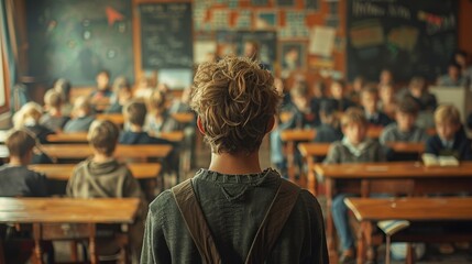 Obraz premium A child stands in front of a classroom full of students during a lesson, observing attentively while surrounded by desks and chalkboards in a traditional school setting