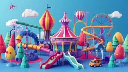 Design a colorful and vibrant amusement park in 3D  style AI generated illustration