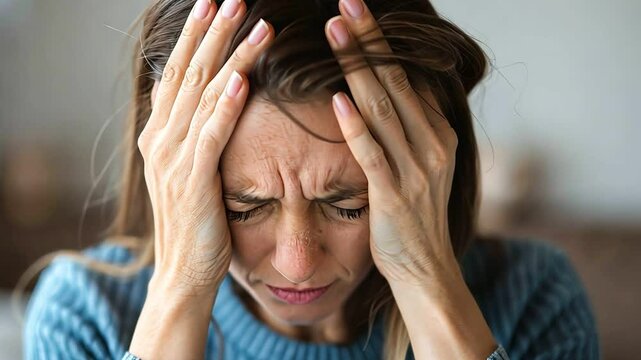 Stressed young woman with headache holding her head in frustration. Mental health and anxiety concept.