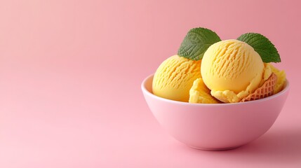 A bowl of mango wafer ice cream on a pastel pink background.