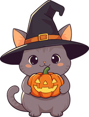 Cute cat in witch's hat with pumpkin. Illustration for Halloween holiday