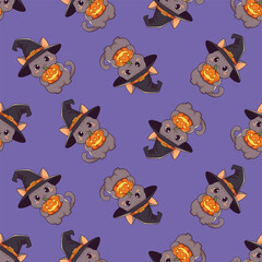 Seamless pattern with cute cat in witch hat with pumpkin. Illustration for Halloween holiday
