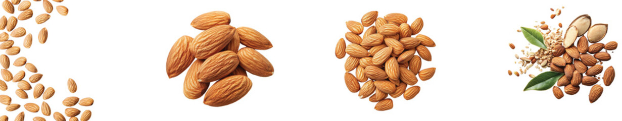 Obraz premium Realistic almonds illustration, roasted nuts cluster graphics, brown almond kernels for food packaging and snack design isolated PNG with Transparent Background