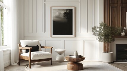 Dramatic movie poster in a wooden frame placed elegantly in a room with sparse but tasteful decor AI generated illustration