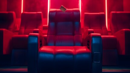 Fototapeta premium Dramatically lit single cinema seat with a discount tag AI generated illustration