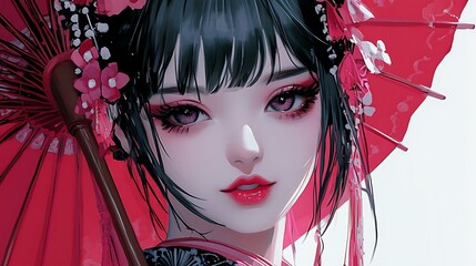 Anime Girl with Red Umbrella and Floral Decorations.