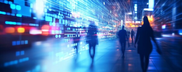 Silhouettes of people walking in a brightly lit city street at night.