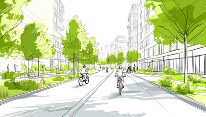 Sketch of Urban Green Space with Bicycles and Buildings