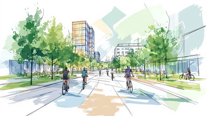 Sketch of Urban Green Space with Bicycles and Buildings