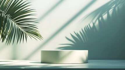Fototapeta premium Empty textured podium with an abstract minimalist background enhanced by the shadow of a tropical palm leaf for cosmetic presentation AI generated illustration