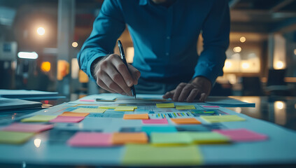 Fototapeta premium Designer brainstorming with sticky notes and innovative marketing diagram