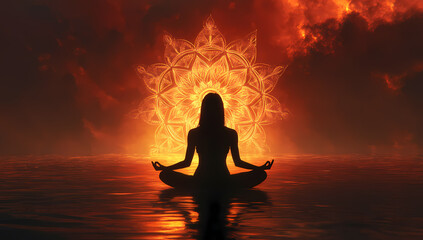 Woman Meditating in Lotus Position with Mandala Flower Background