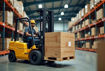 A yellow forklift lifts a large wooden pallet in a busy warehouse, operated by a Hispanic male worker.	
