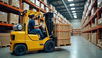 A yellow forklift lifts a large wooden pallet in a busy warehouse, operated by a Hispanic male worker.	
