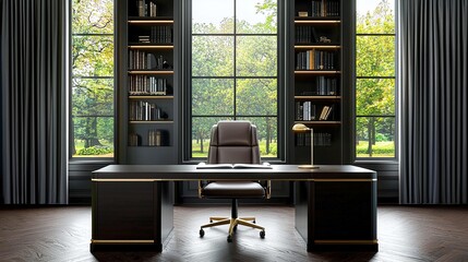 Elegant office interior featuring a modern desk, ergonomic chair, and large windows with a serene...