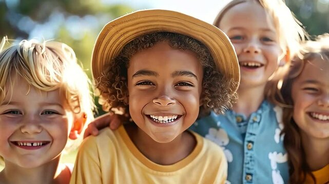 Happy group of diverse children smiling outdoors on a sunny day, enjoying friendship