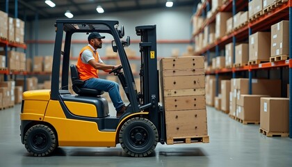 A yellow forklift lifts a large wooden pallet in a busy warehouse, operated by a Hispanic male worker.	
