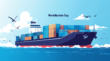 cartoon illustration, big containership, low angle view, text " World Maritime Day". Freight containers loaded on a big ship, travelling the ocean. International global container traffic.