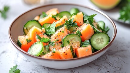 A cantaloupe and cucumber salad with a light vinaigrette dressing.