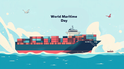 cartoon illustration, big containership, low angle view, text " World Maritime Day". Freight containers loaded on a big ship, travelling the ocean. International global container traffic.