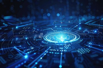 Digital blue background image with technology symbols