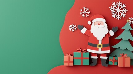 Santa Claus in a papercraft wonderland, presents surrounding him, snowflakes cut from paper, soft holiday light, Papercraft Santa Claus, Holiday marketing image