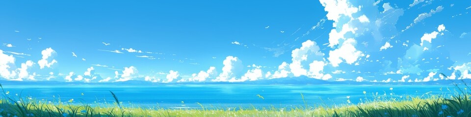 Obraz premium Dreamy Summer Paradise: Abstract Anime-Style Ocean and Sky Fusion. Romantic Coastal Getaway in Minimalist Design with Elegant Gradient Textures. AI-Generated Artistic Concept for Marketing, UI, and Hi