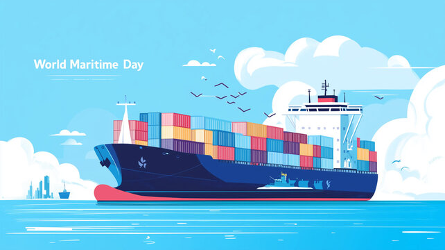 cartoon illustration, big containership, low angle view, text " World Maritime Day". Freight containers loaded on a big ship, travelling the ocean. International global container traffic.