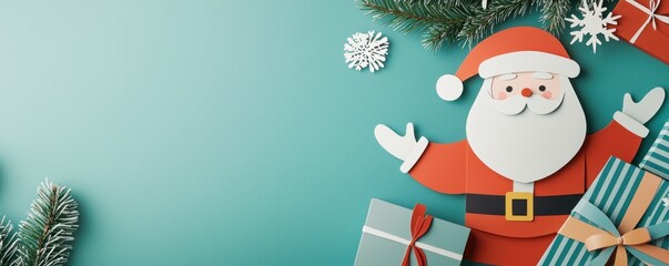 Paper Santa Claus surrounded by holiday symbols, gifts in vibrant paper wraps, snowy background, Christmas papercraft, Holiday marketing image
