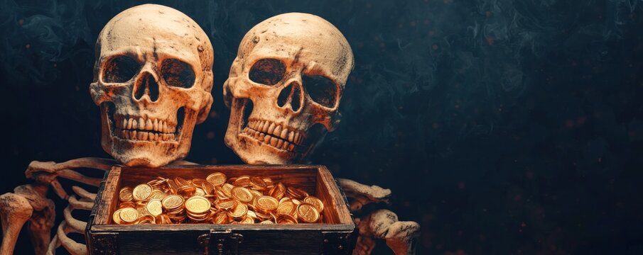 Skeleton pirates, treasure chest glowing with cursed gold, dark cave, Watercolor style